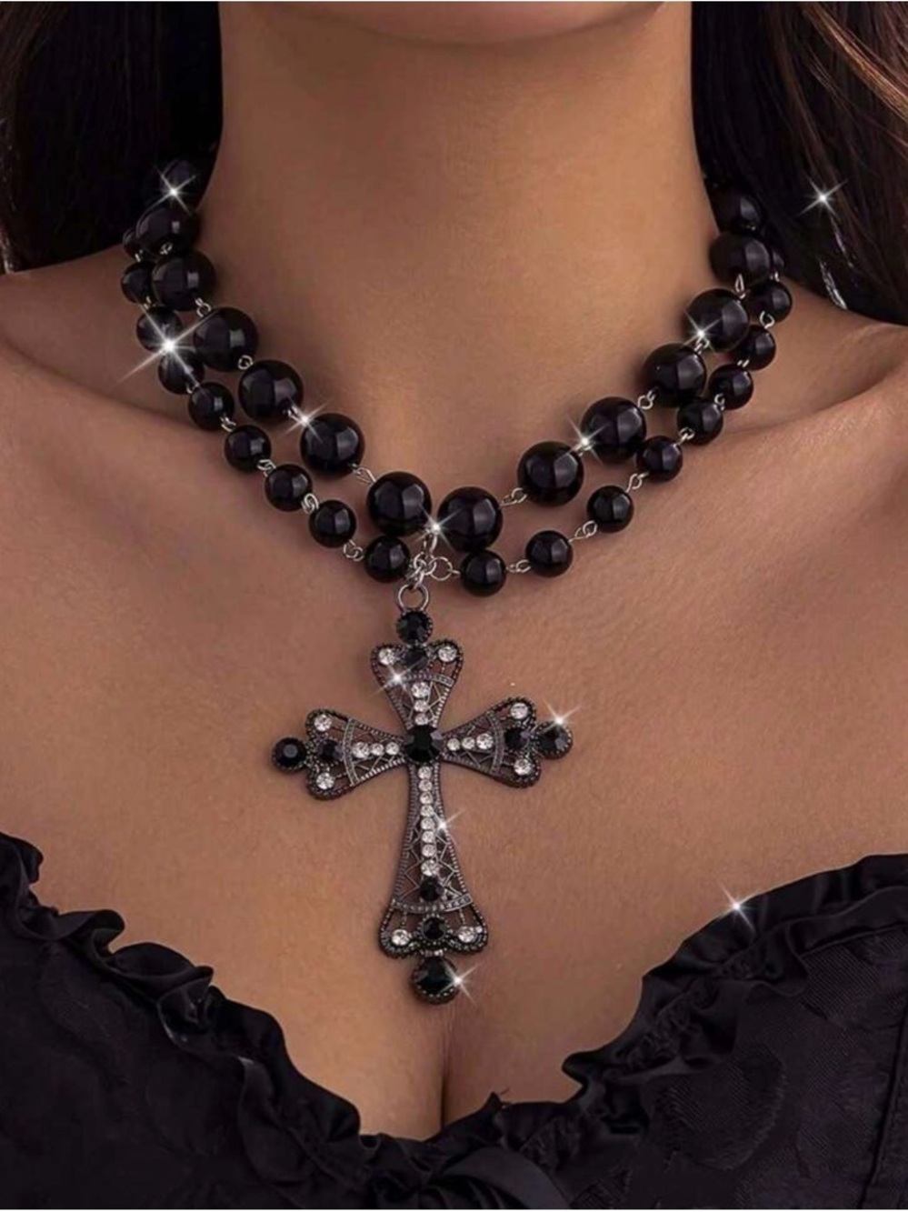 Black Beaded Cross Pendant Necklace - Women Jewelry